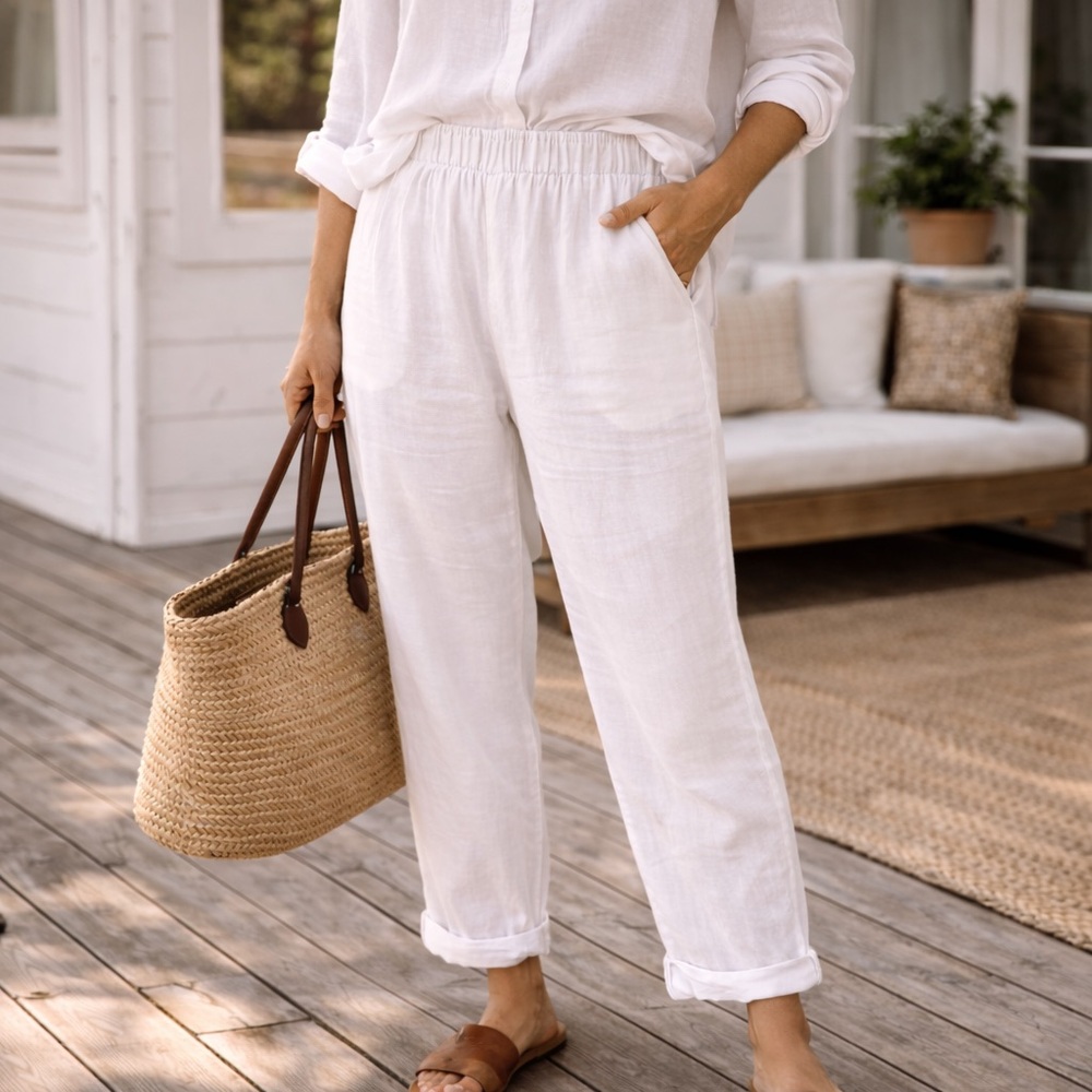 Match Point 100% Linen Pants L White Elastic Waist Made USA Coastal Nancy Meyers - Picture 1 of 6